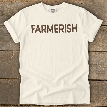 Cream t-shirt with brown "FARMERISH" text and Comfort Colors label.
