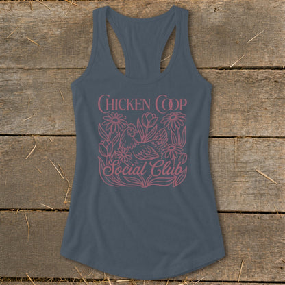 Grey tank top with pink "Chicken Coop Social Club" text and chicken graphic.
