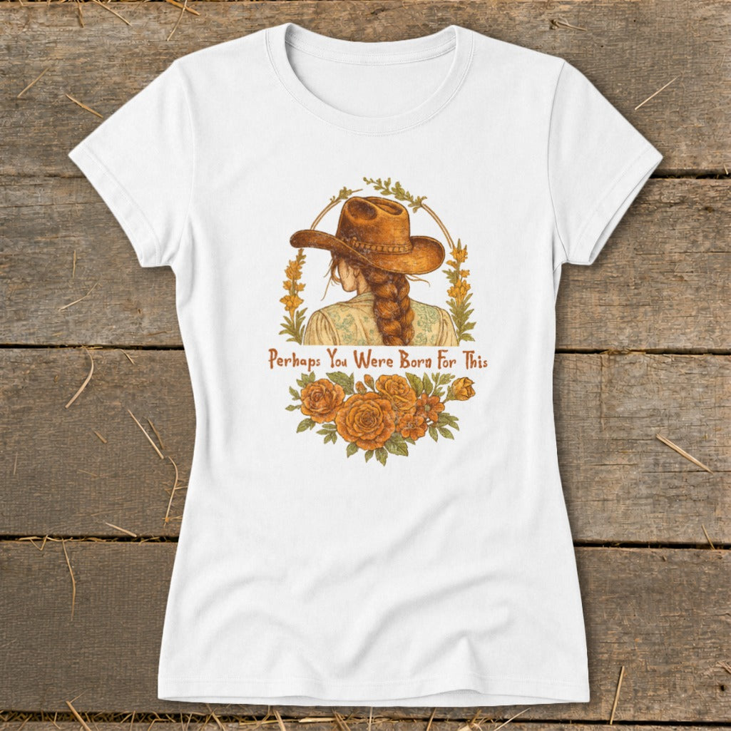 White t-shirt with graphic of a woman in cowboy hat and text "Perhaps You Were Born For This".