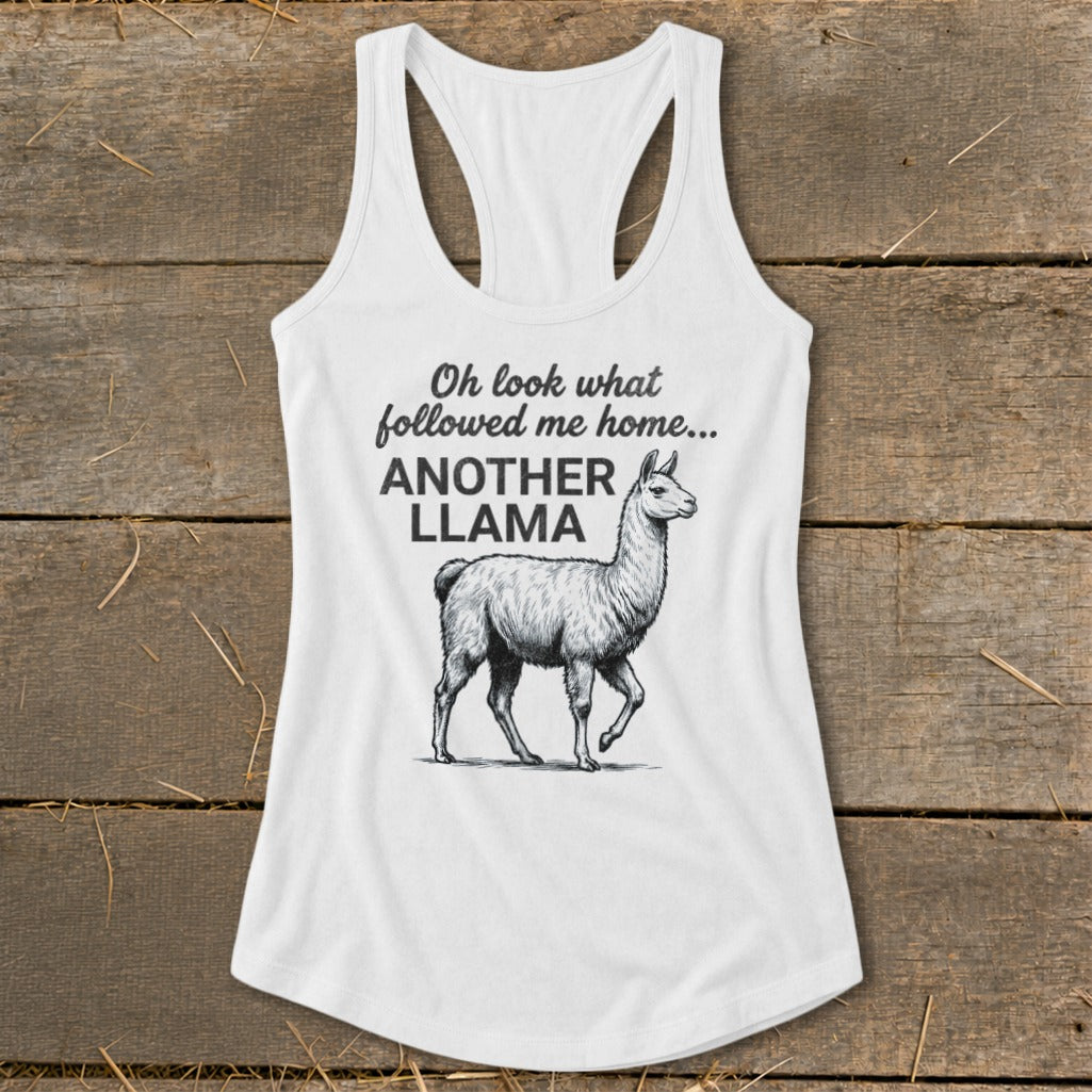 White tank top with a drawing of a llama and text reading "ANOTHER LLAMA".