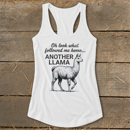 White tank top with a drawing of a llama and text reading "ANOTHER LLAMA".