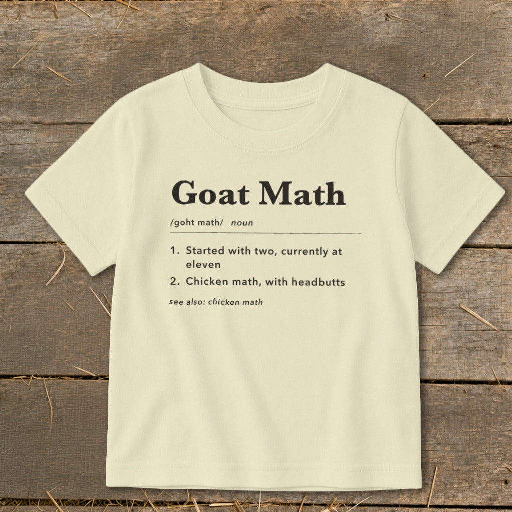 Light yellow t-shirt with "Goat Math" definition text.