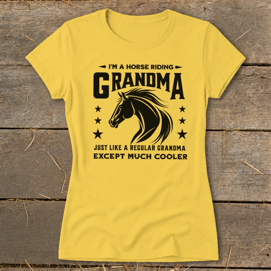 Yellow t-shirt with "I'm a horse riding Grandma" and horse graphic.