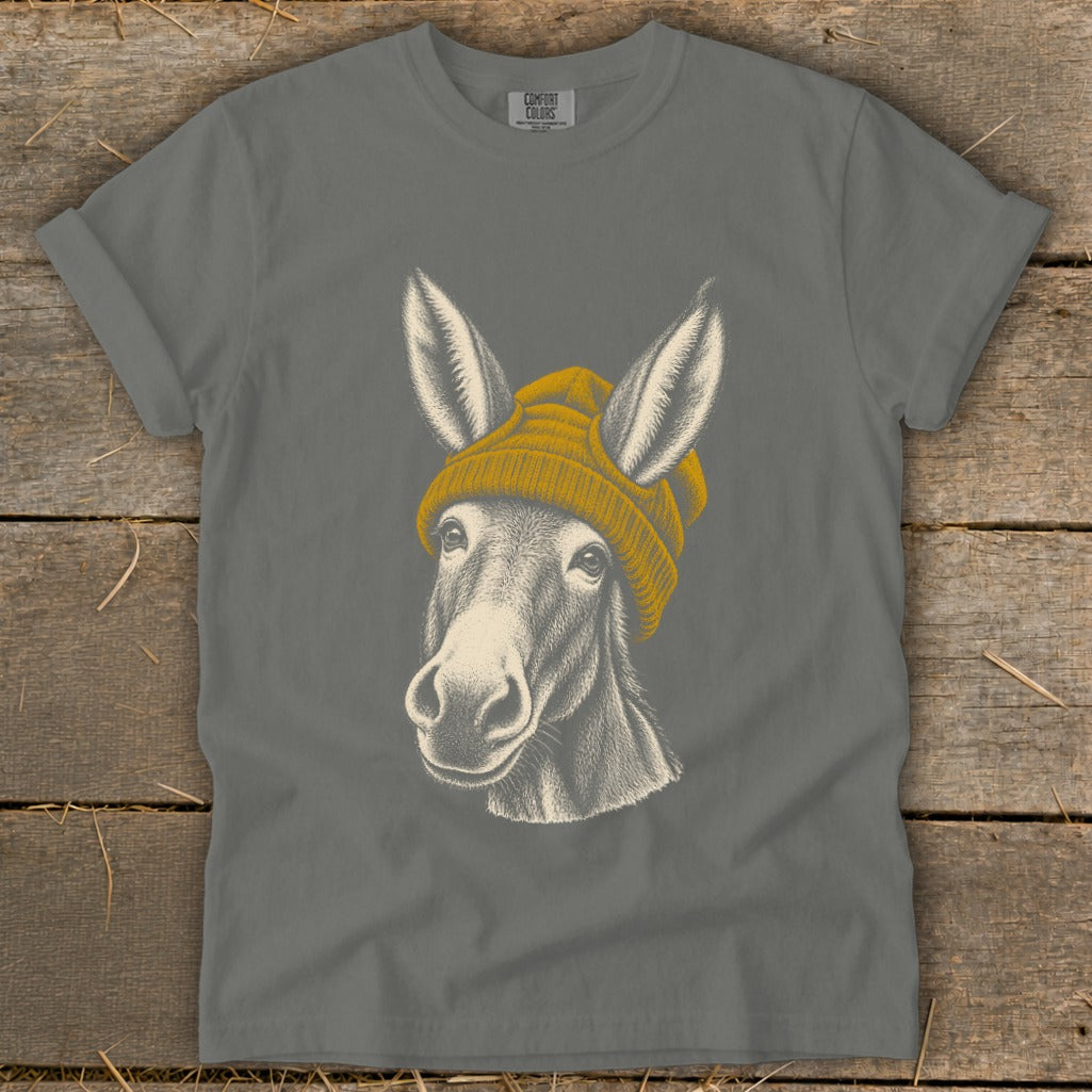 Donkey wearing a yellow beanie, charcoal grey t-shirt with Comfort Colors tag.