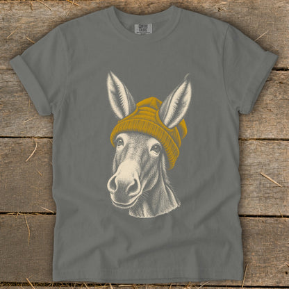 Donkey wearing a yellow beanie, charcoal grey t-shirt with Comfort Colors tag.