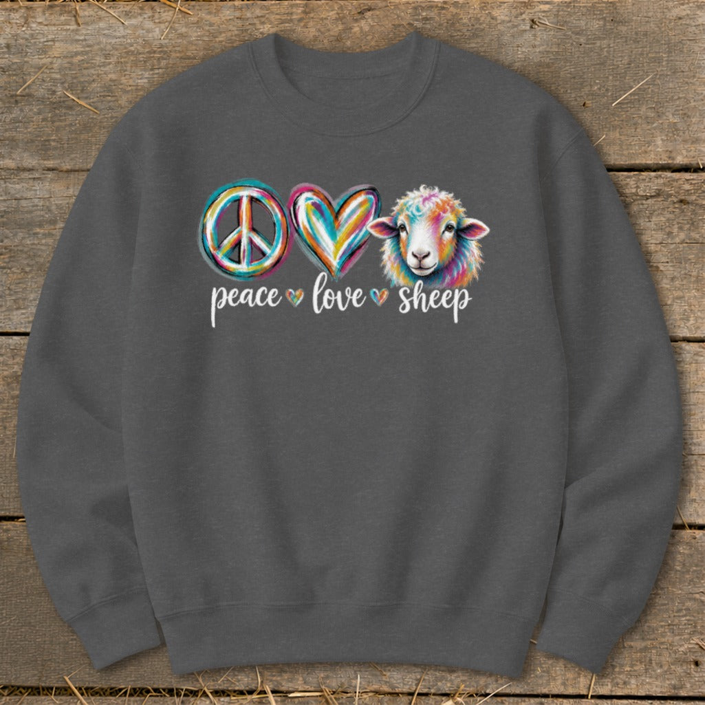 Dark gray sweatshirt with peace, love, and sheep graphic and text.