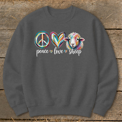 Dark gray sweatshirt with peace, love, and sheep graphic and text.