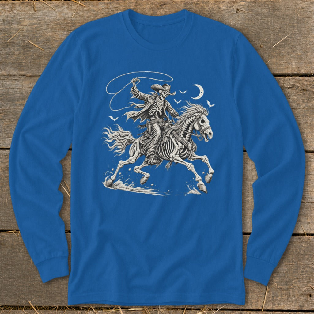 Skeleton cowboy on skeletal horse with lasso under moon and birds.