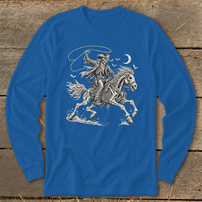 Skeleton cowboy on skeletal horse with lasso under moon and birds.