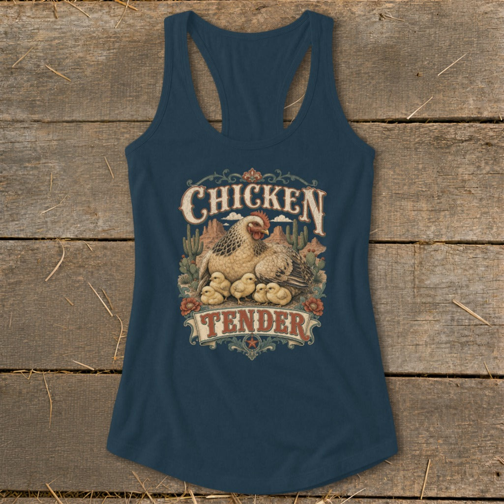 A dark blue racerback tank top featuring a graphic of a hen and chicks with desert scenery and the text Chicken Tender.