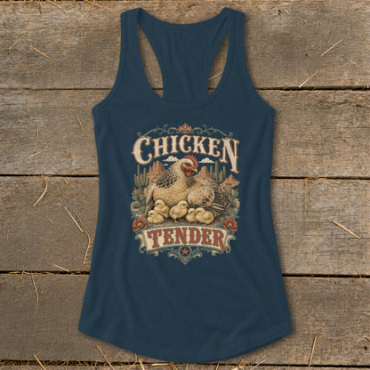 A dark blue racerback tank top featuring a graphic of a hen and chicks with desert scenery and the text Chicken Tender.