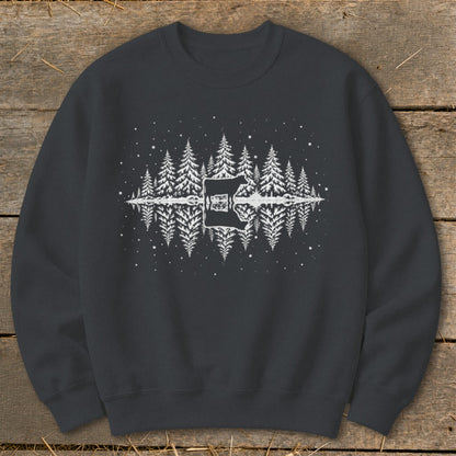 Dark grey sweatshirt with a white graphic of a cow silhouetted in a snowy forest reflected in water.