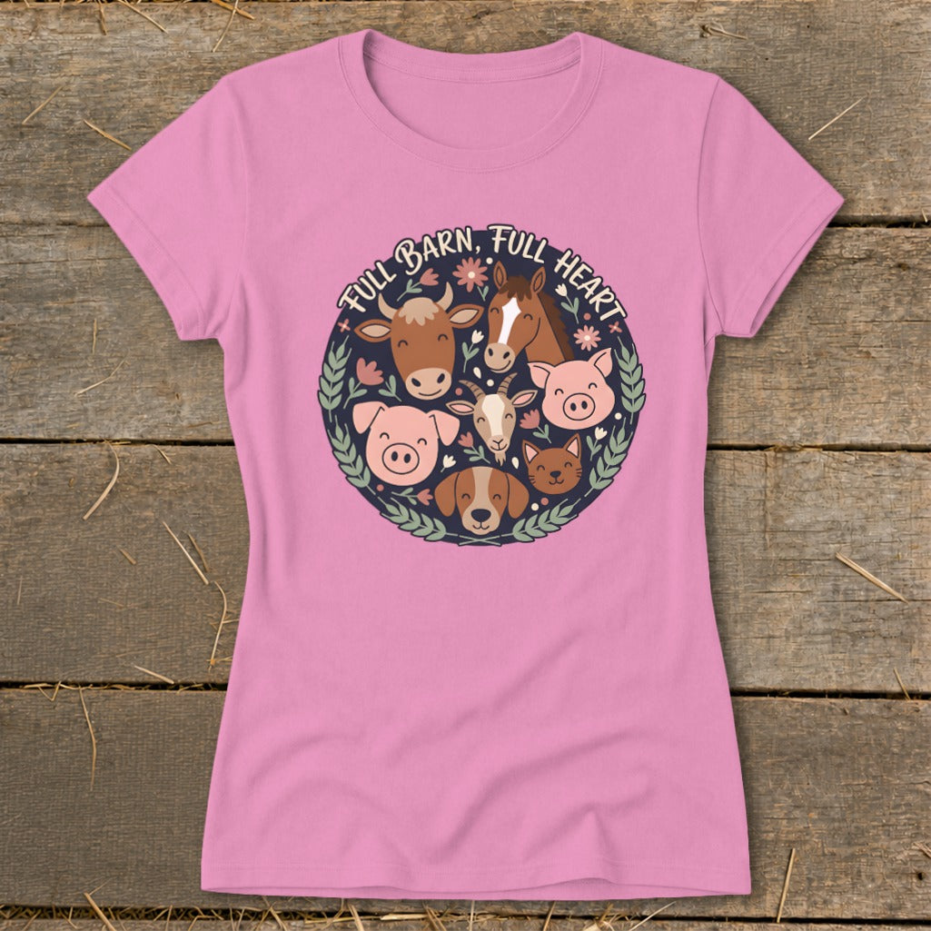 Pink t-shirt with farm animals and the text "Full Barn, Full Heart".