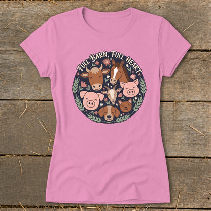 Pink t-shirt with farm animals and the text "Full Barn, Full Heart".