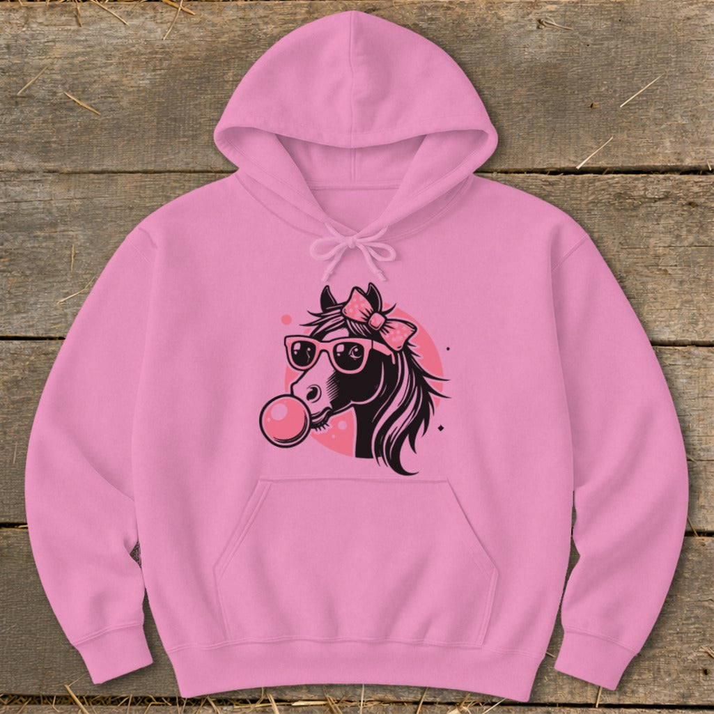 Pink hoodie with a graphic of a horse wearing sunglasses and blowing bubblegum.