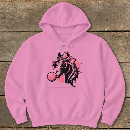 Pink hoodie with a graphic of a horse wearing sunglasses and blowing bubblegum.