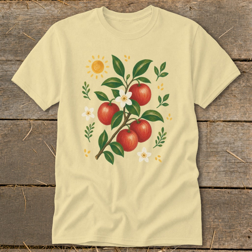 Light yellow t-shirt with a watercolor illustration of an apple branch with red apples, white blossoms, green leaves, and a sun.