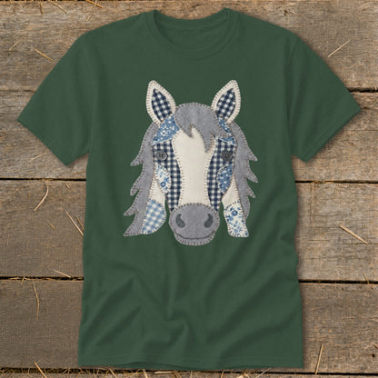 Green t-shirt with a patchwork horse face applique.