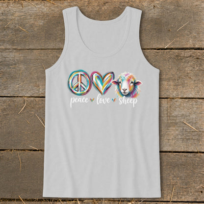 Light gray tank top with colorful peace sign, heart, and sheep graphic reading "peace love sheep".