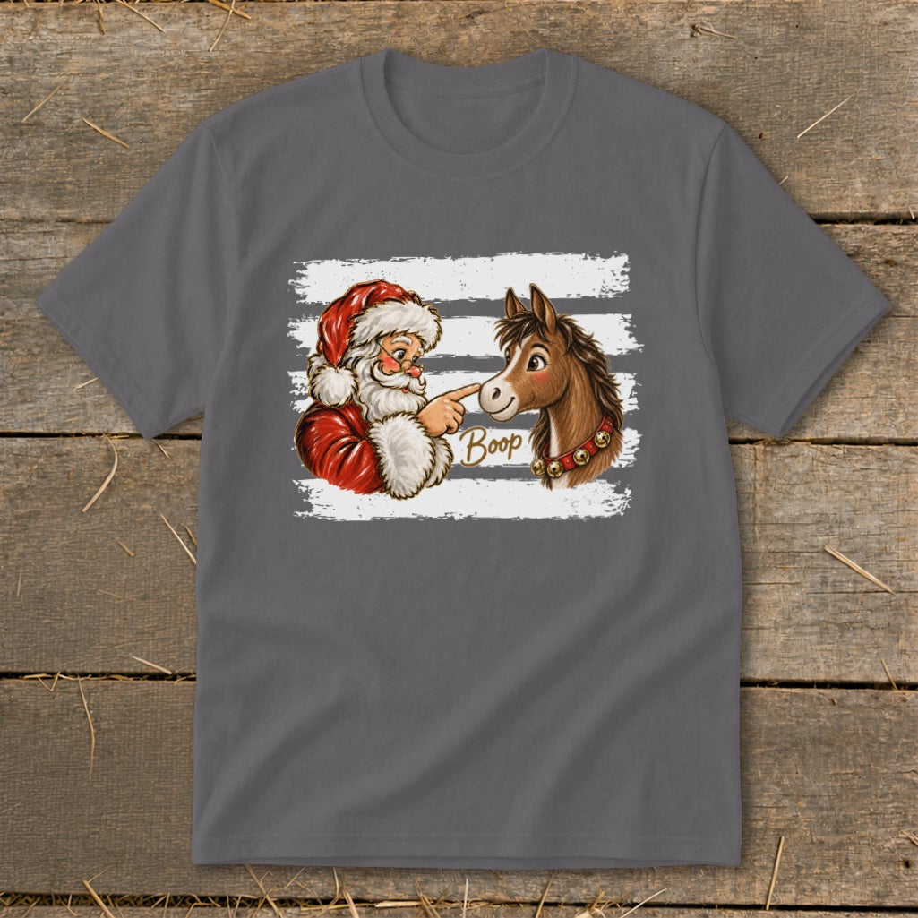 Santa playfully boops a horse on the nose, text reads "Boop".