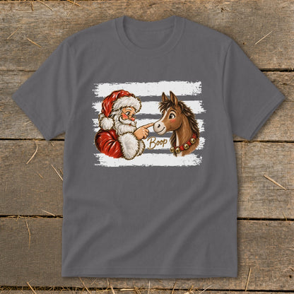 Santa playfully boops a horse on the nose, text reads "Boop".