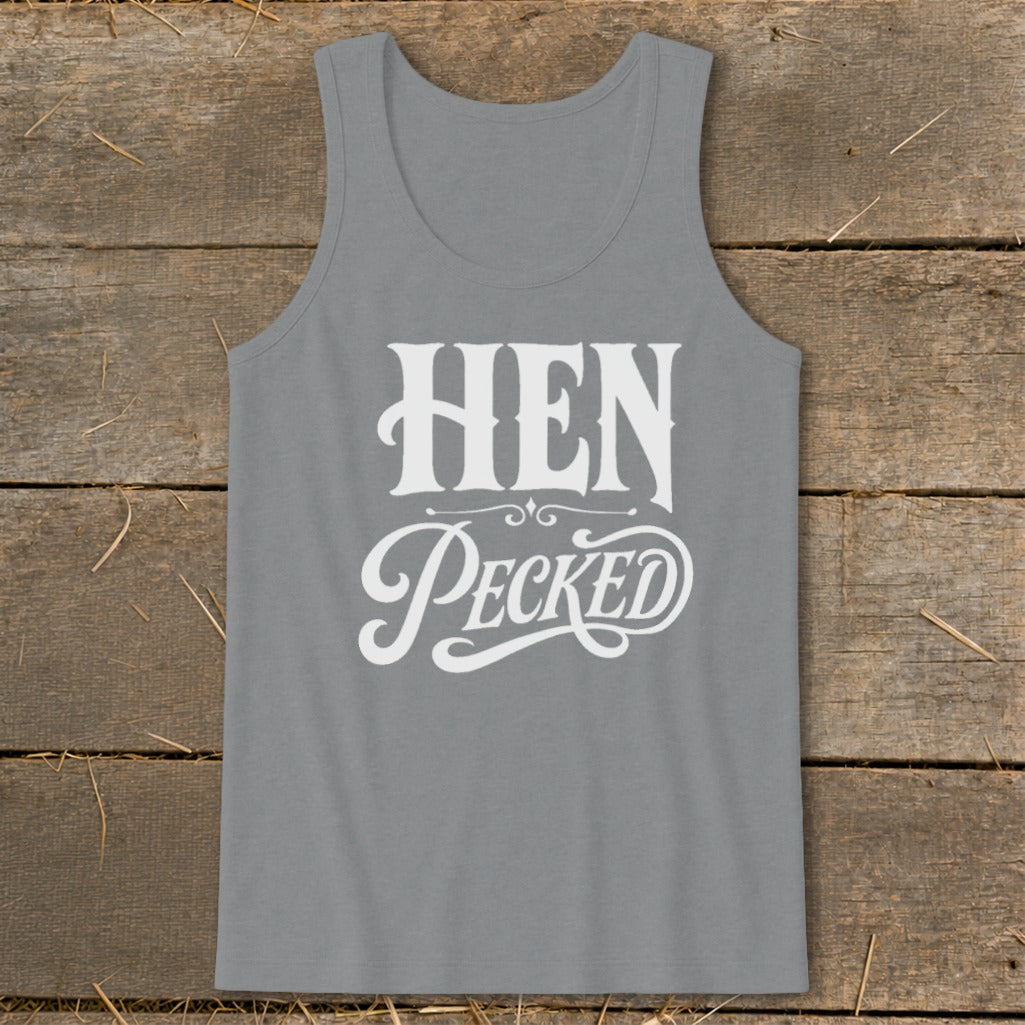 Grey tank top with white "HEN Pecked" text in distressed, vintage font.