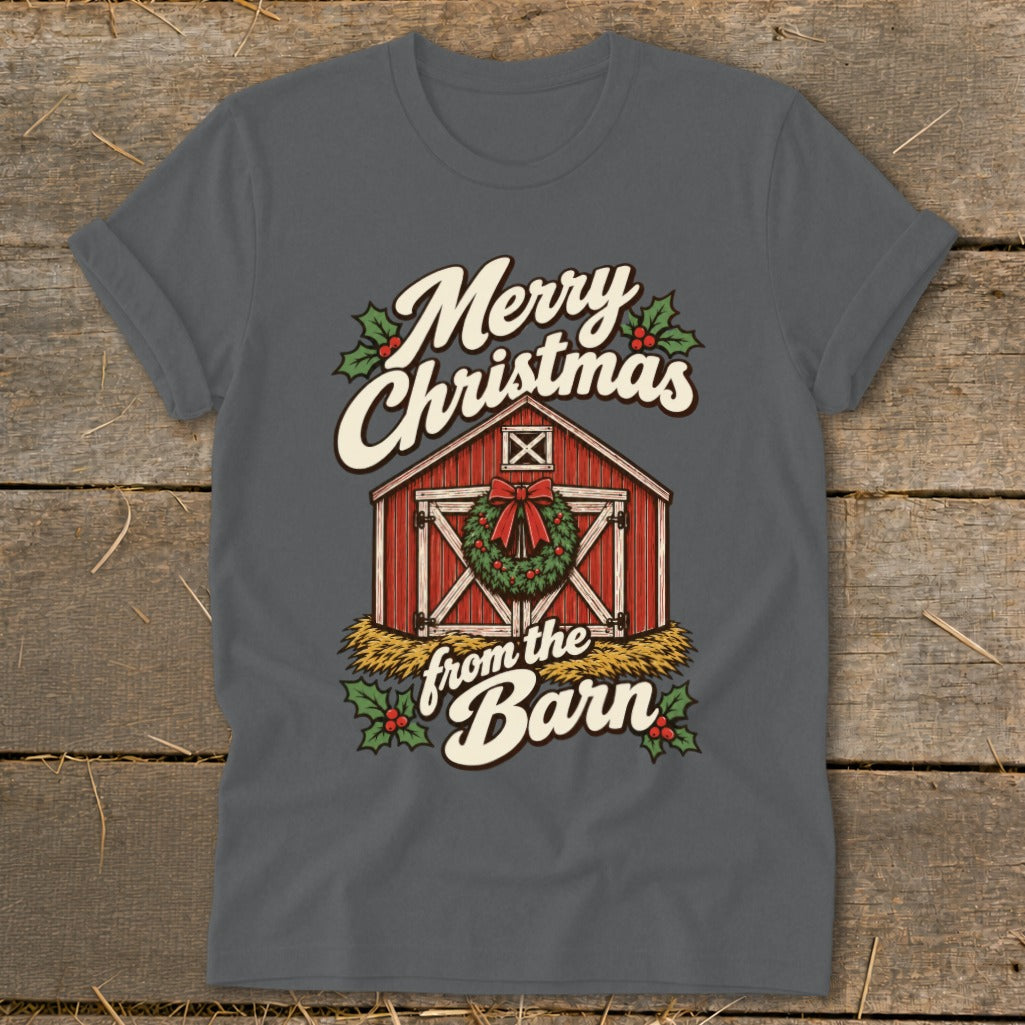 Merry Christmas from the Barn graphic with red barn, wreath, and text.