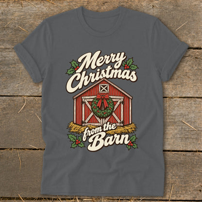 Merry Christmas from the Barn graphic with red barn, wreath, and text.