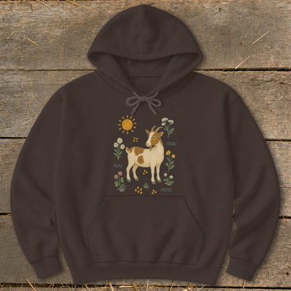 Brown hoodie with a brown goat and floral illustration.