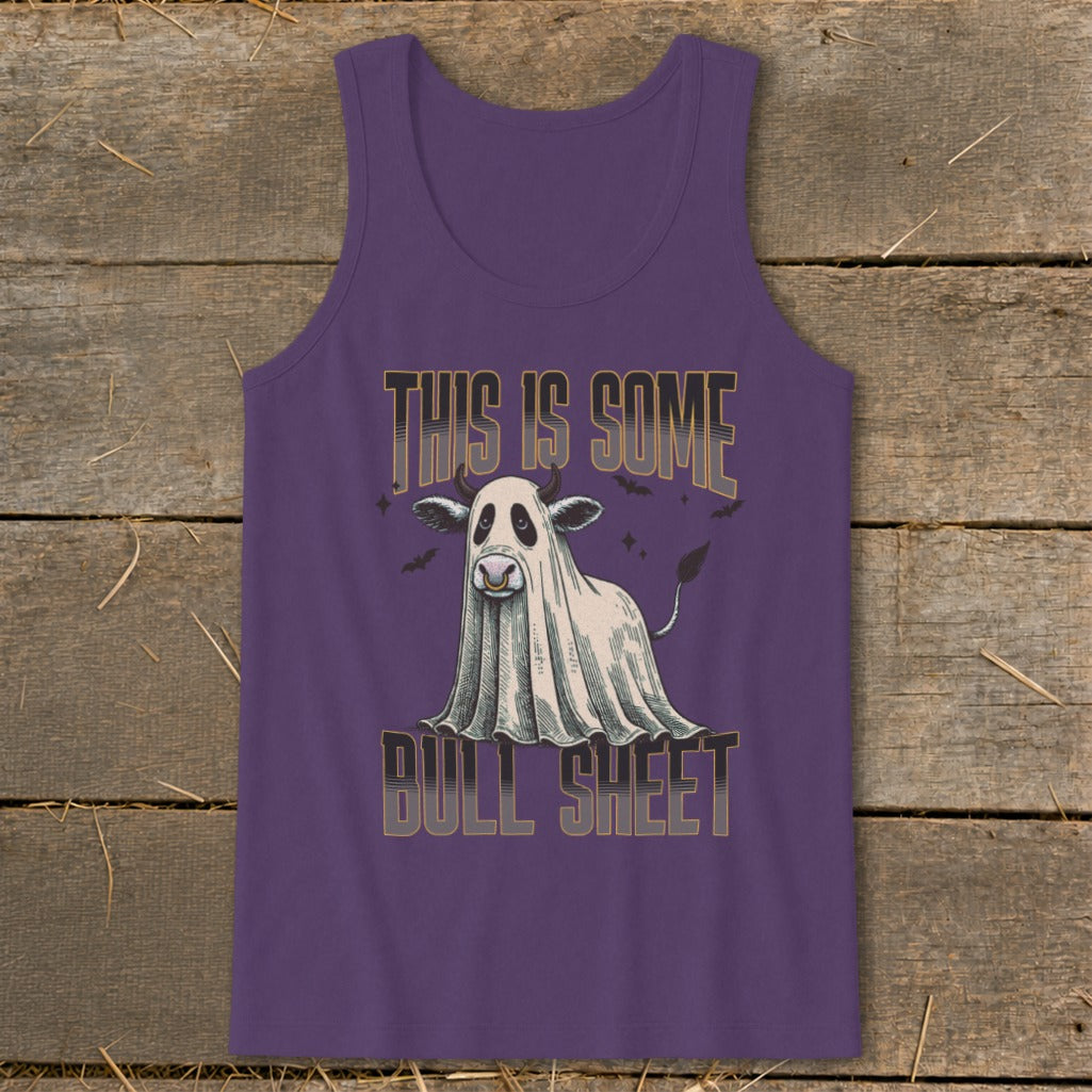 Purple tank top with a cow ghost graphic and "THIS IS SOME BULL SHEET" text.