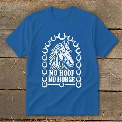 Blue t-shirt with white horse head graphic and text "NO HOOF NO HORSE".