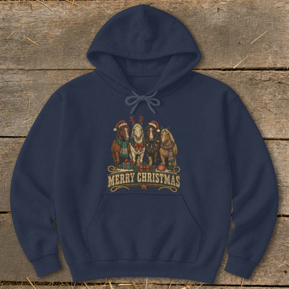 Navy hoodie with four horses wearing Santa hats and scarves, with "Merry Christmas" text.