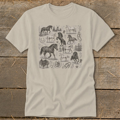 T-shirt featuring a collage of horse illustrations, saddles, and equestrian elements.