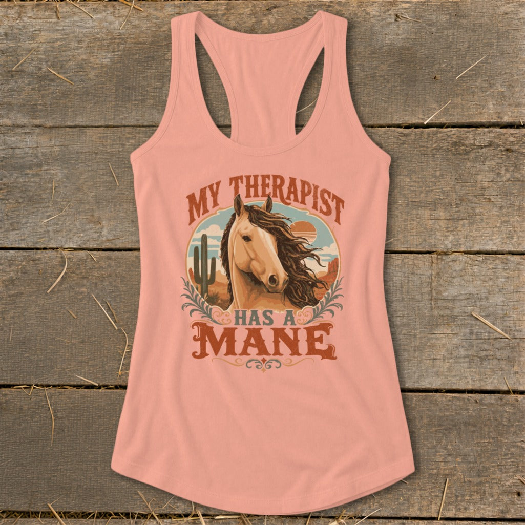 Peach tank top with horse graphic and text "My Therapist Has A Mane".