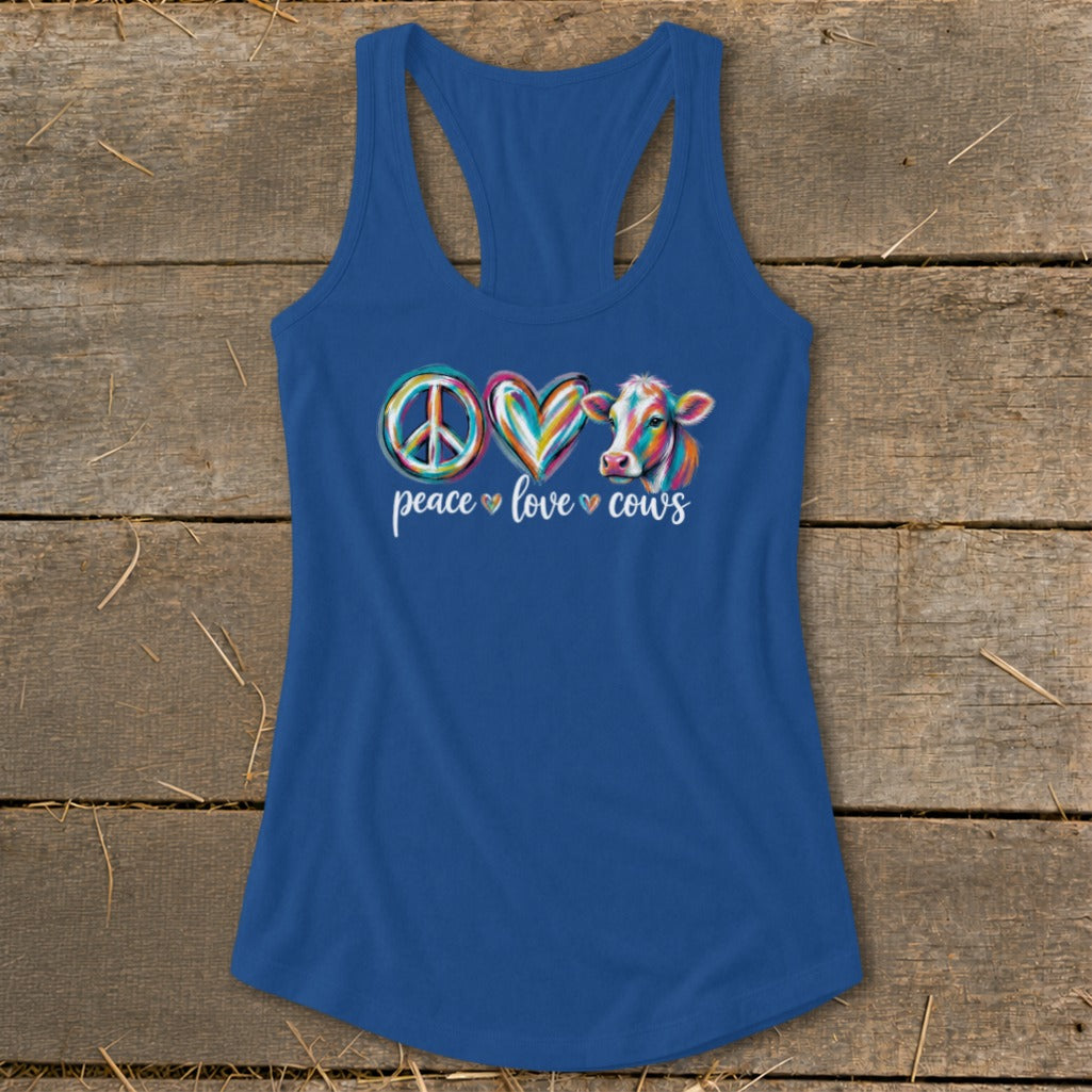 Blue tank top with peace, heart, and cow graphic and "peace love cows" text.