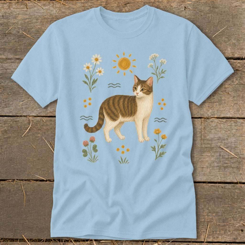 Light blue t-shirt with a tabby cat surrounded by flowers and sun.