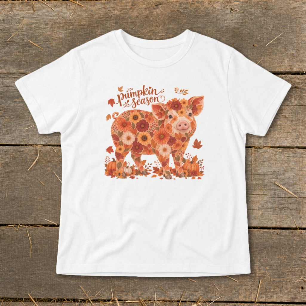White t-shirt with a pig made of flowers and "pumpkin season" text.