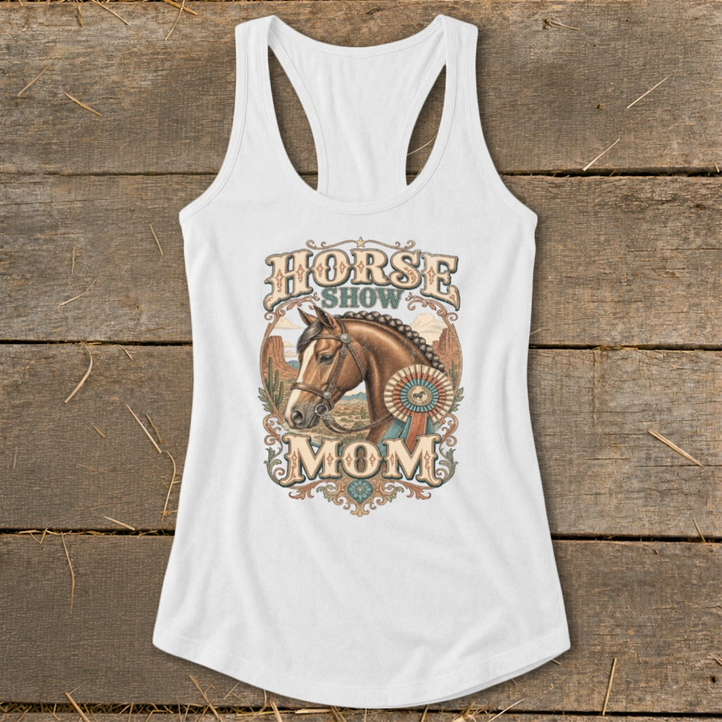 White tank top with "Horse Show Mom" graphic featuring a horse head and ribbon.
