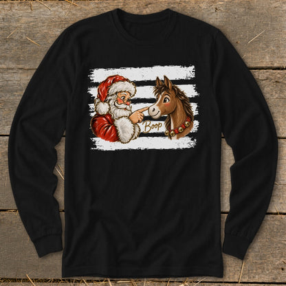 Santa touching a horse's nose with the word "Boop"