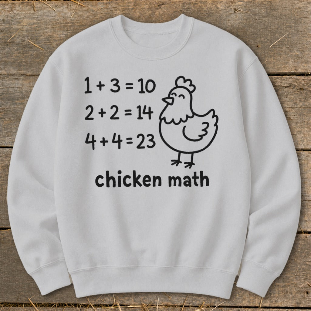 White sweatshirt with "chicken math" text and a cartoon chicken.