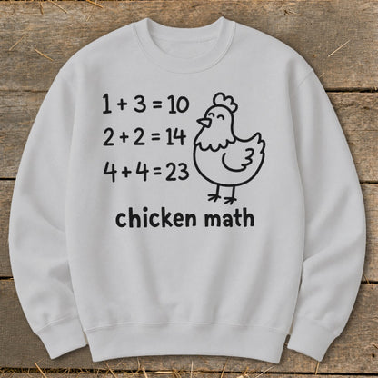 White sweatshirt with "chicken math" text and a cartoon chicken.