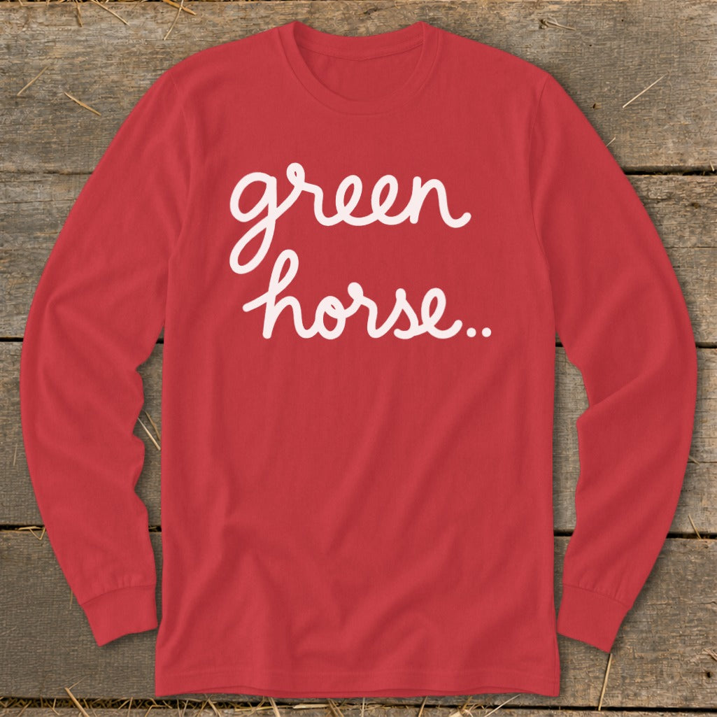 Red long sleeve shirt with white "green horse.." text