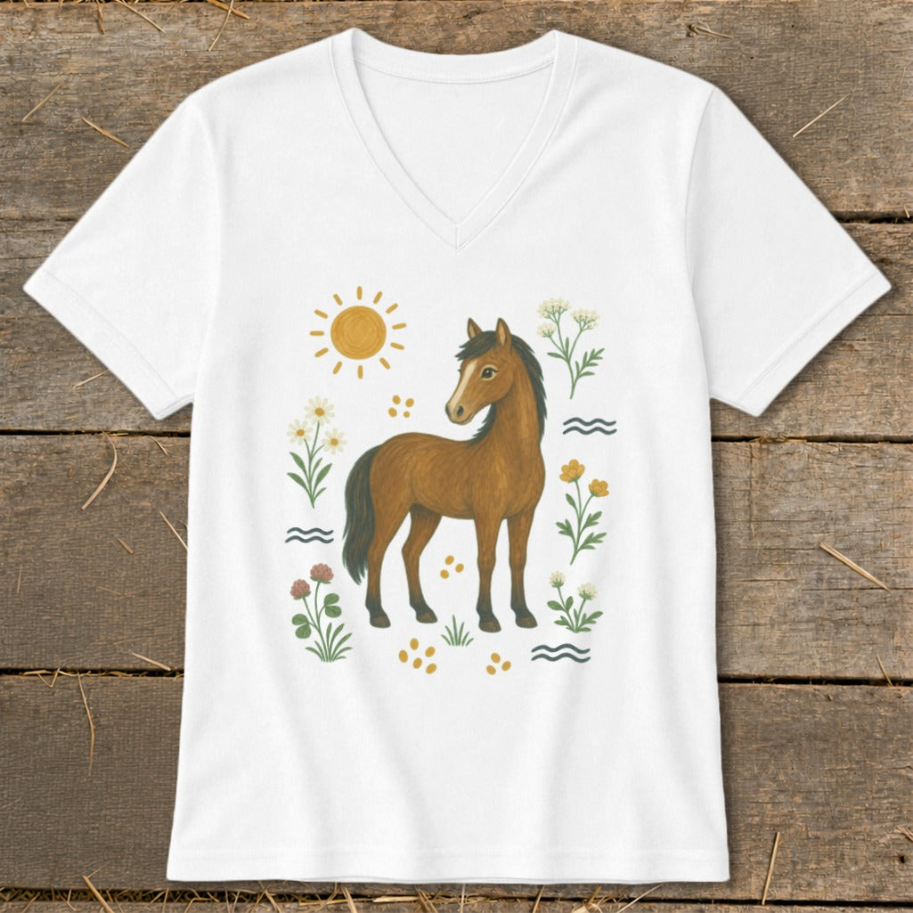 White v-neck t-shirt with a brown horse and floral design.