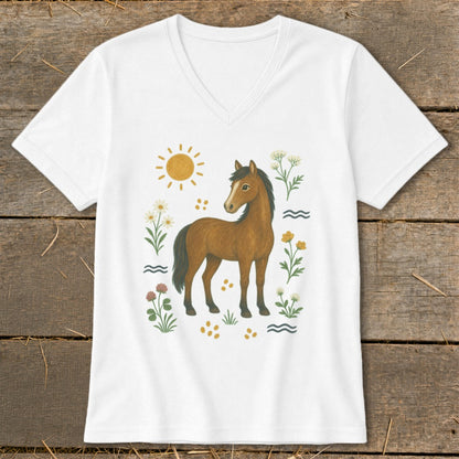 White v-neck t-shirt with a brown horse and floral design.