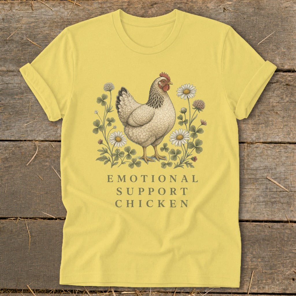 Yellow t-shirt with a chicken graphic and text "EMOTIONAL SUPPORT CHICKEN."