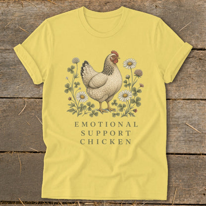 Yellow t-shirt with a chicken graphic and text "EMOTIONAL SUPPORT CHICKEN."