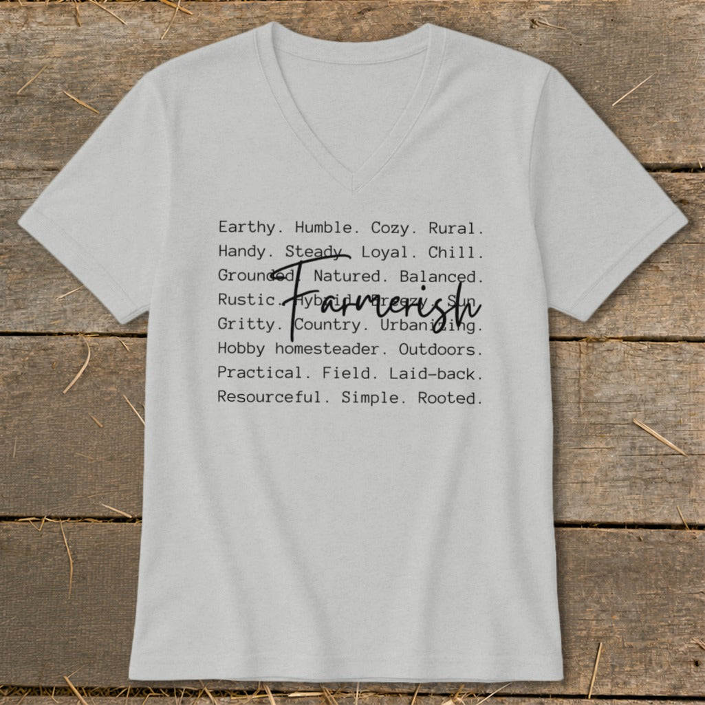 Light gray v-neck shirt with "Farmerish" and related adjectives printed on it.