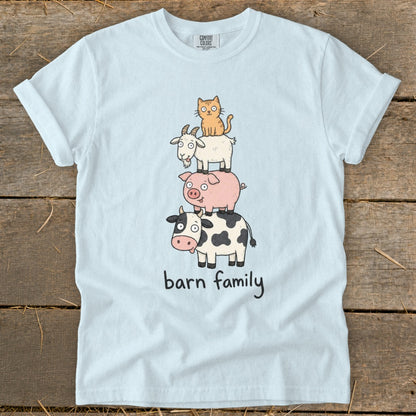 Cartoon cat, goat, pig, and cow stacked with text "barn family".