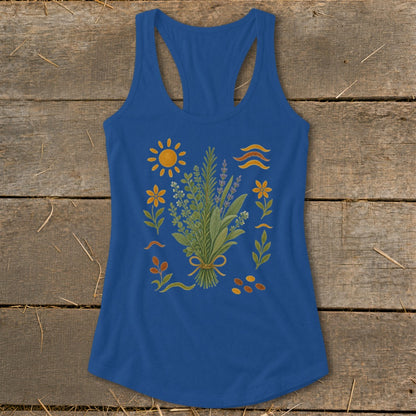 Royal blue tank top with a bouquet of herbs and floral illustrations.