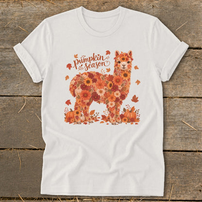 Alpaca made of fall flowers with "Pumpkin Season" text and pumpkins.